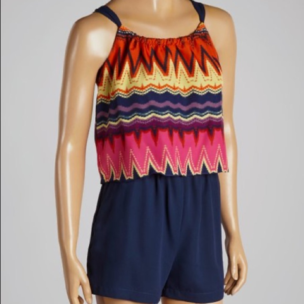 Kaya Di Koko Mango and Navy ZigZag romper. Size Small. Good condition
